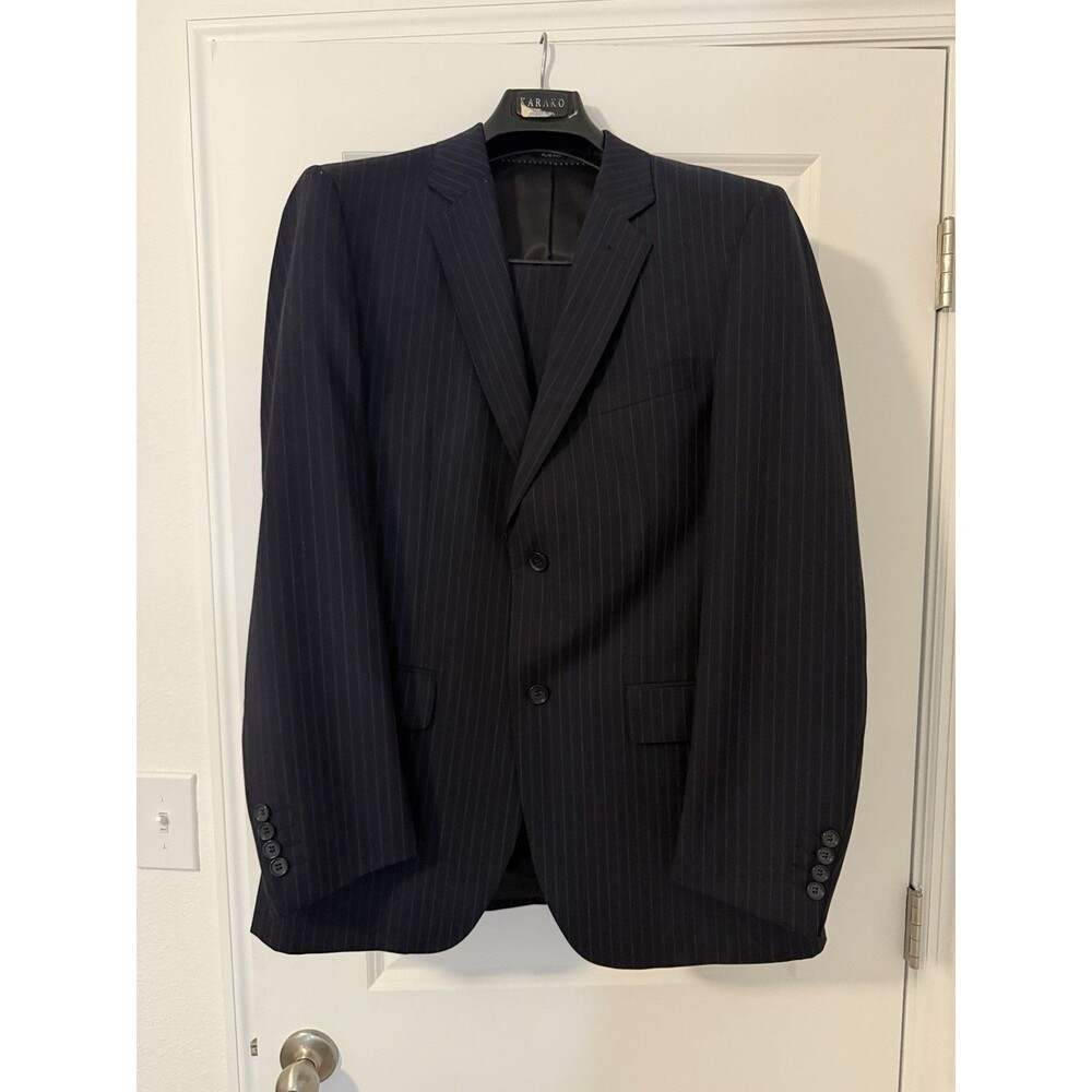 KARAKO Navy Pinstripe Suit 40R Wool 2pc Tailored Blazer Pants 42 Chest Custom